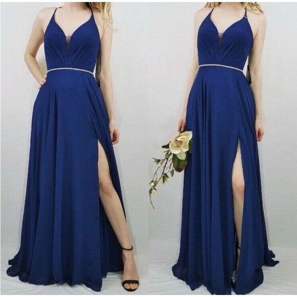 NWT Lulus 6 She's Gorgeous Navy Blue Lace-Up Rhinestone Maxi Dress 126$ - Picture 1 of 16